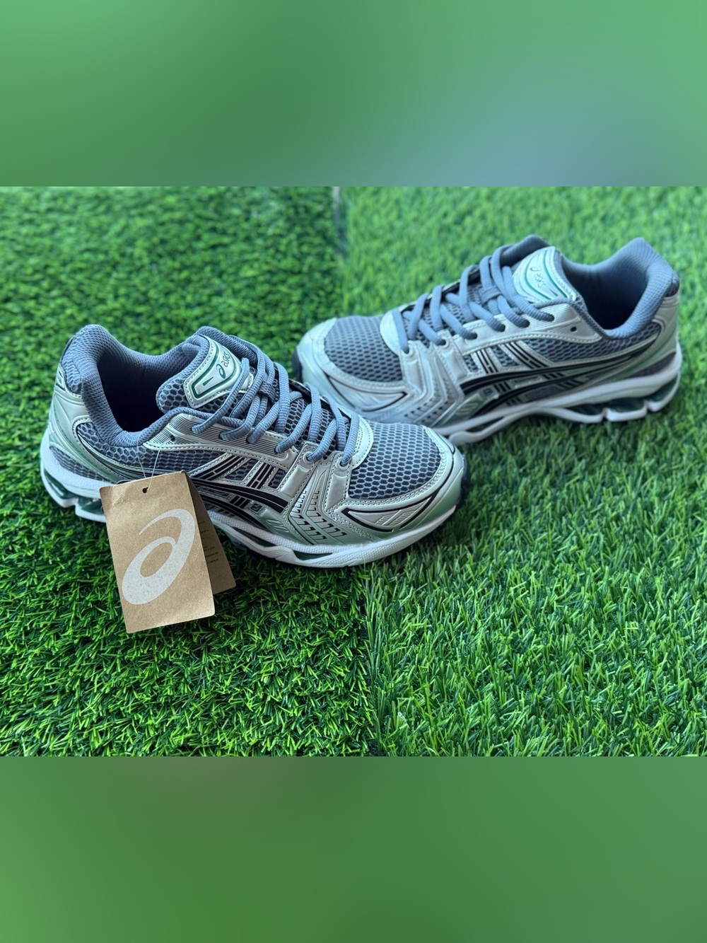 Size 9.5 Men’s And Women’s 11 - Asics Gel Kayano 14 Silver and Green Sneakers
